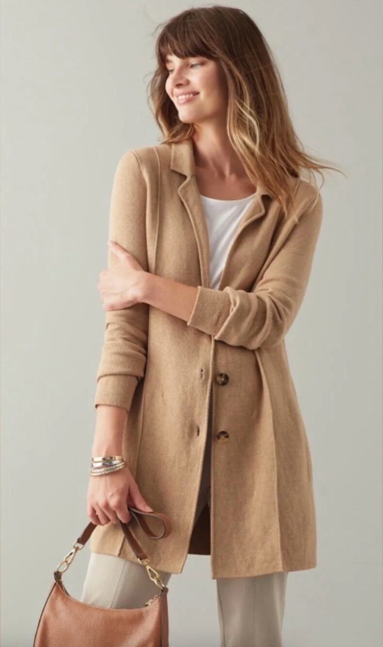J. Jill Double Knit Blazer Cardigan Sweater Caramel Heather Tan Size L